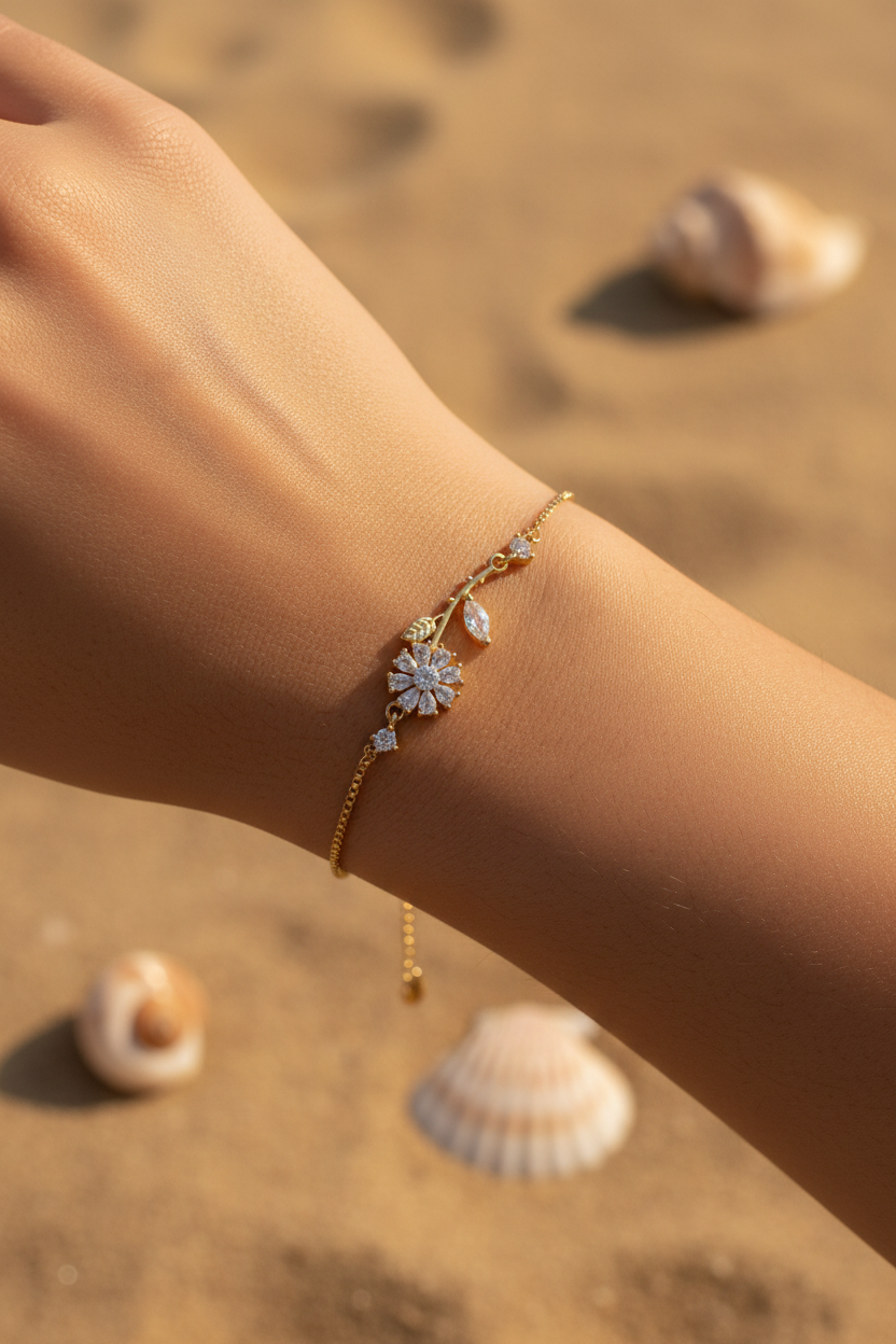 Bracelet doré fleur strass