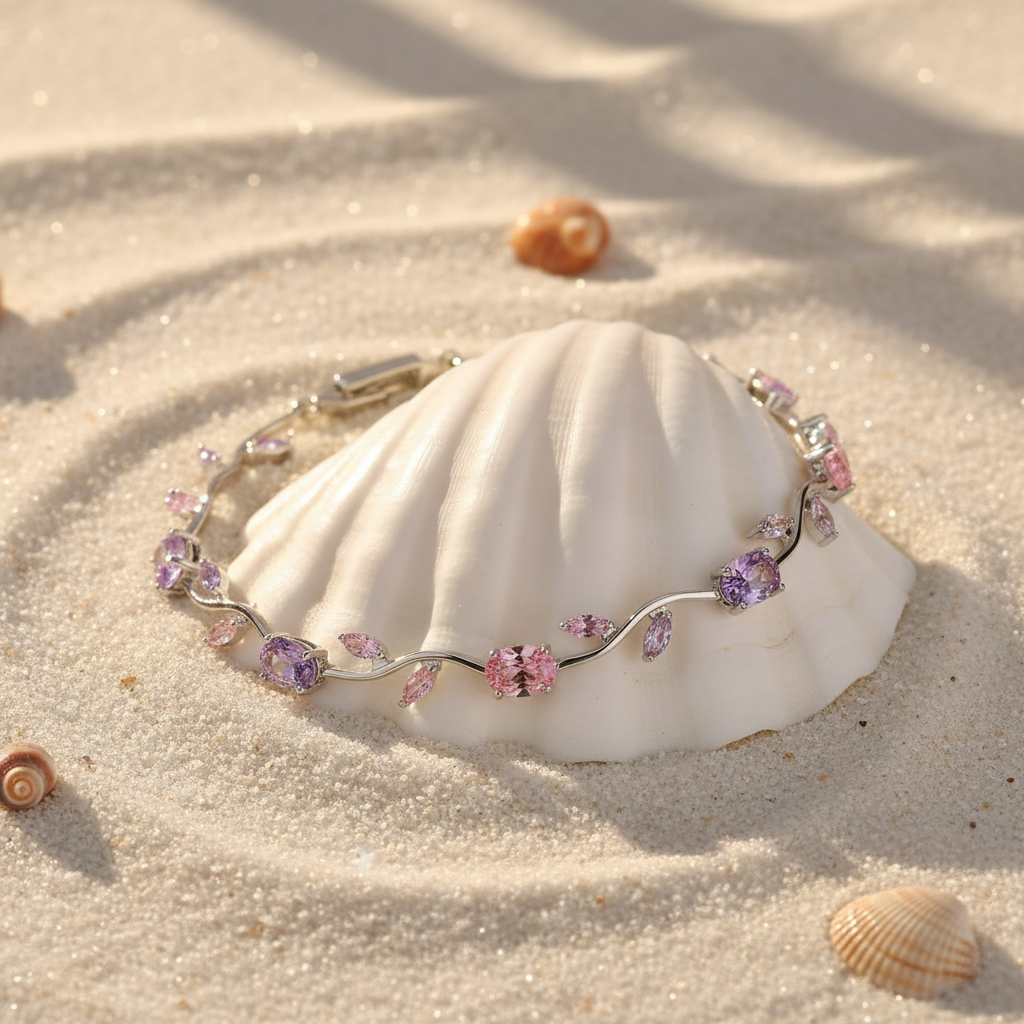 Bracelet rose mauve argenté sur coquillage