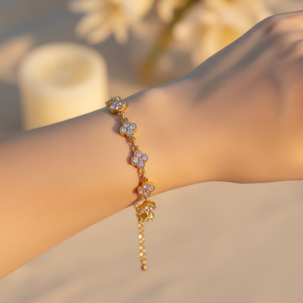 Bracelet trèfles roses au poignet